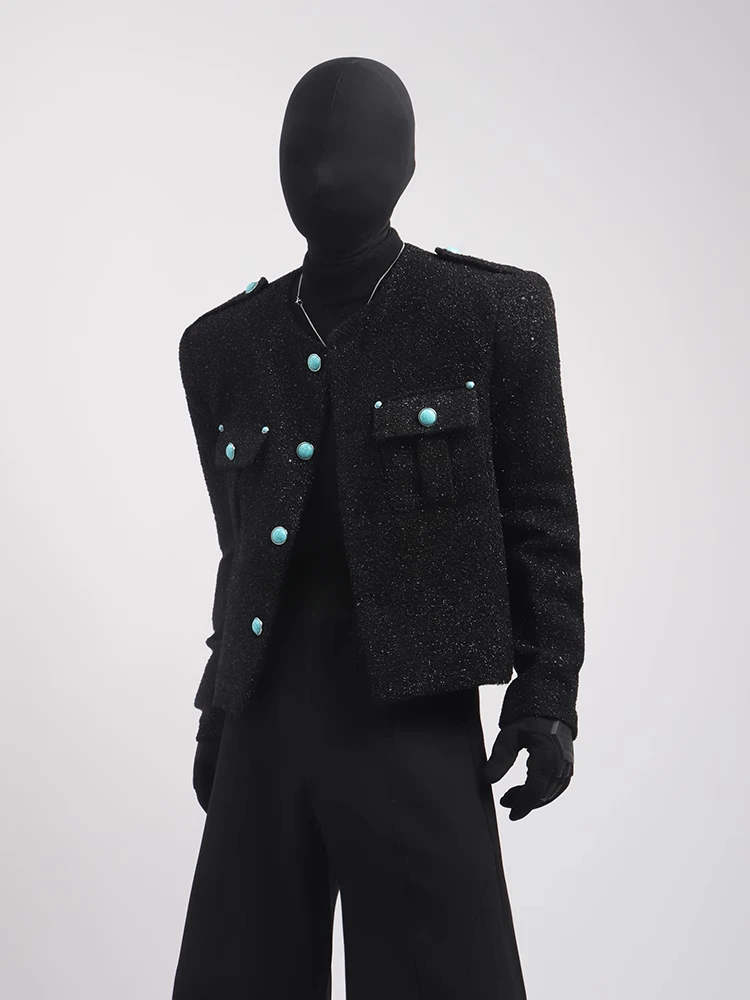 Men's 2025 Spring Autumn Small Fragrant Coats Fashion Coats Shoulder Pad Sequin Design Men's Versatile Short Solid Color Jacket