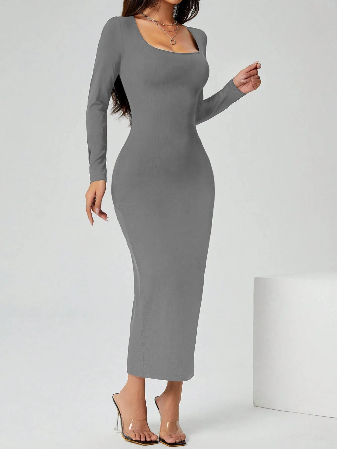 Damen Geripptes Strick-Bodycon-Midikleid Quadratischer Ausschnitt Langarm Schlanke Passform Party-Abend-Bleistiftkleid – Detail 3