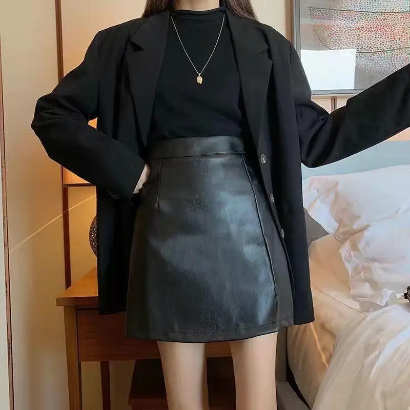 Women\'s Leather Skirts Black Gothic High Waist Split Short Skirt Fashion  Vintage Casual Bottoms Plus Size Female Y2k Clothes