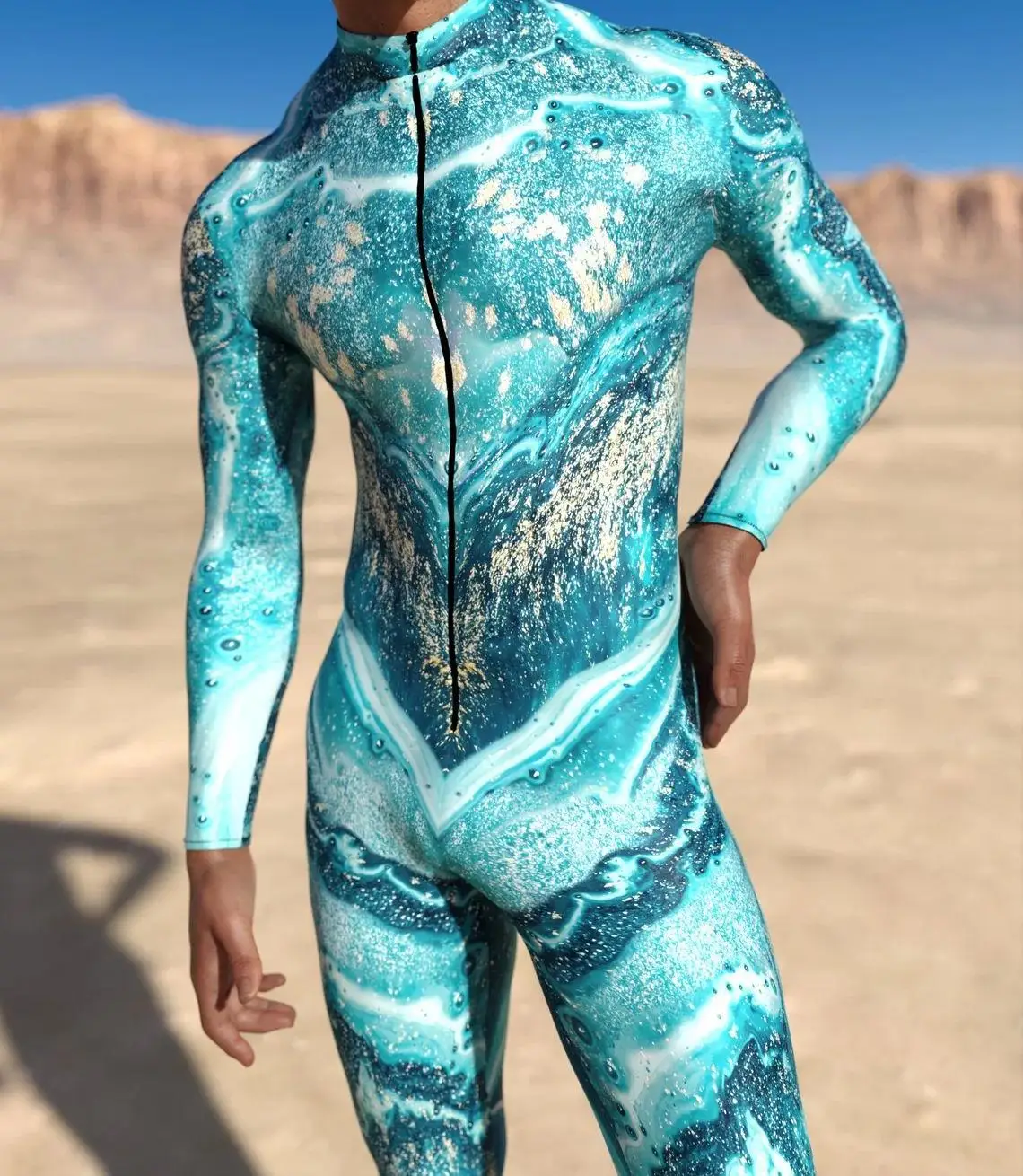 Mehrfarbiger Digitaldruck-Jumpsuit für Damen, Cosplay, Halloween, Karneval, Kostümparty, Performance, Reißverschluss, elastischer, schmaler Bodysuit – Detail 9