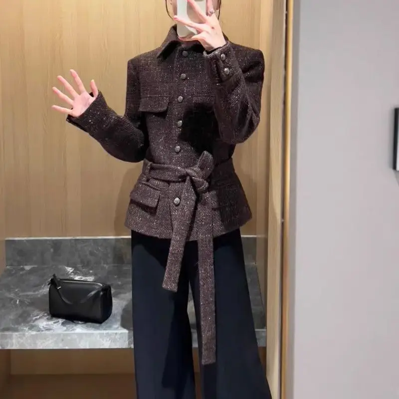 

Waist Shirt Type Small Fragrant Coat Wool Tweed Belt Multi-pocket Short Coat Women's 25 New Models