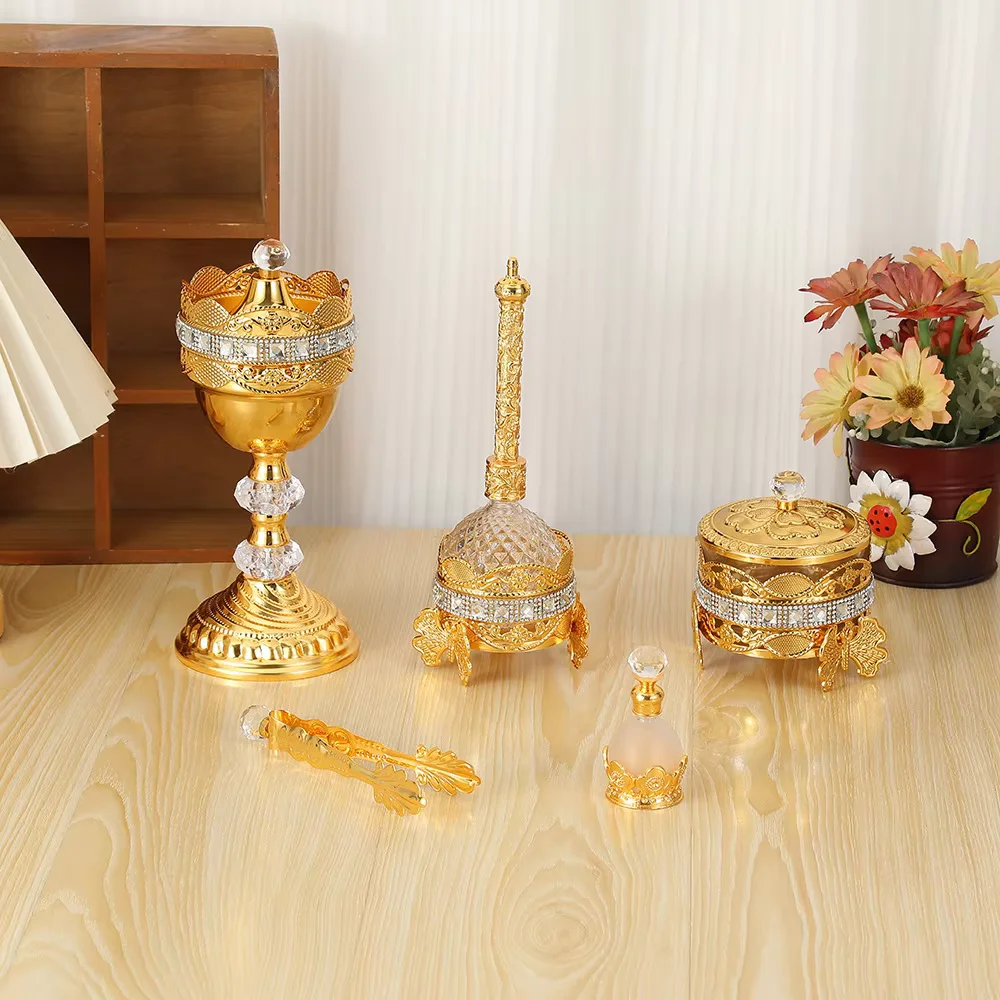 Golden Iron Aromatherapy Stove Set Arabic Incensory Decorative Ornaments For Middle Eastern Party Wedding Props Bakhoor