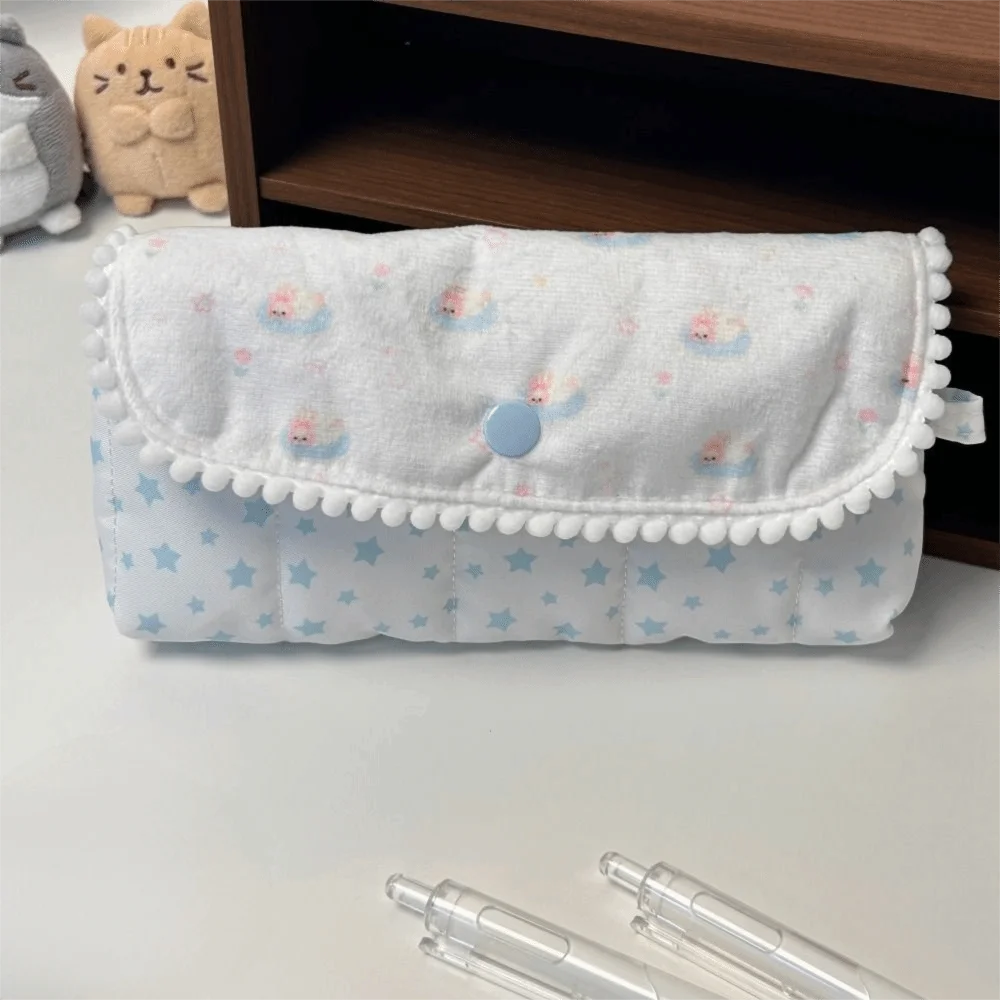 Durable Blue White Quilted Pencil Case Bunny Print Large Capacity Pencil Pouch Flip-top Stationery Bag Gift