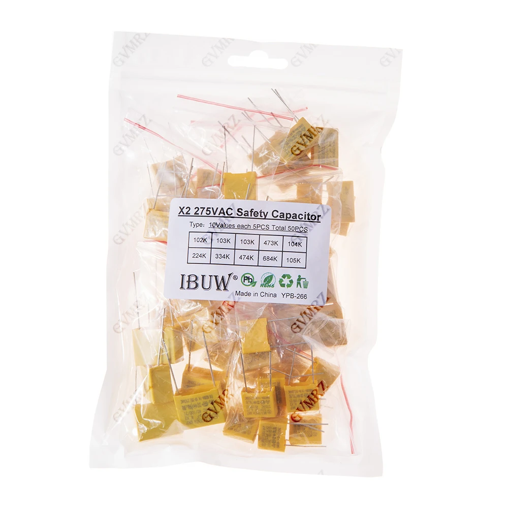 50pcs/Lot Polypropylene Film X2 Safety Capacitor Assorted Kit 275VAC 10Values Each 5pcs 1NF - 1UF X2 102K 103K 473K 104K 224K