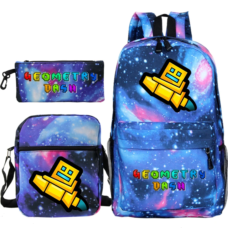 

3pcs Set Geometry Dash Printed Backpack for Boys Girls Large Capacity Schoolbag Kids Backpack Portable Travel Bag Laptop Bookbag