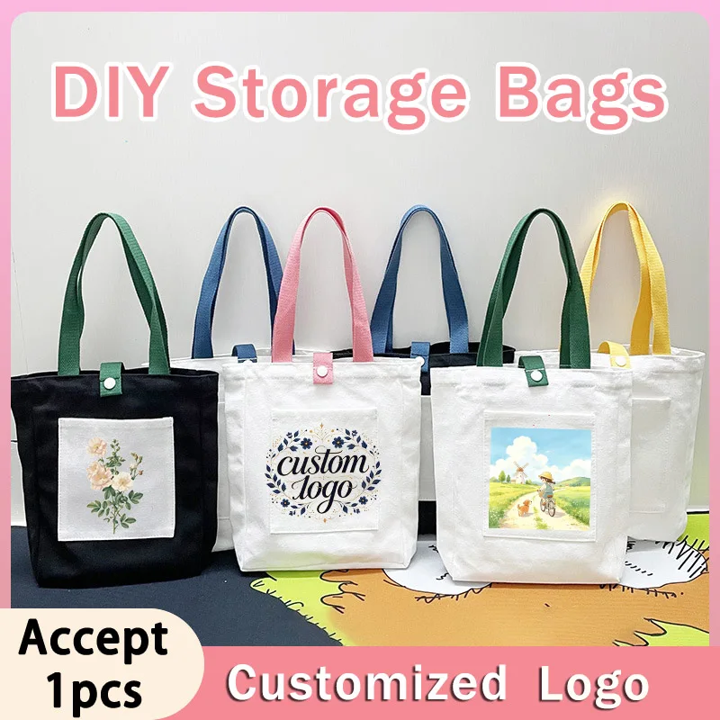 1pcs Blank Canvas Storage Bags with Front Pocket Color Matching Handle Snap Button Custom Logo Print Reusable Shopping Handbag