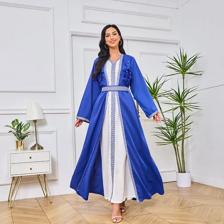 

Eid Muslim Embroidered Two Piece Dress Caftan Female V Neck Party Dresses Ramadan Robe Set Abayas Kaftan Women Clothing Jalabiya