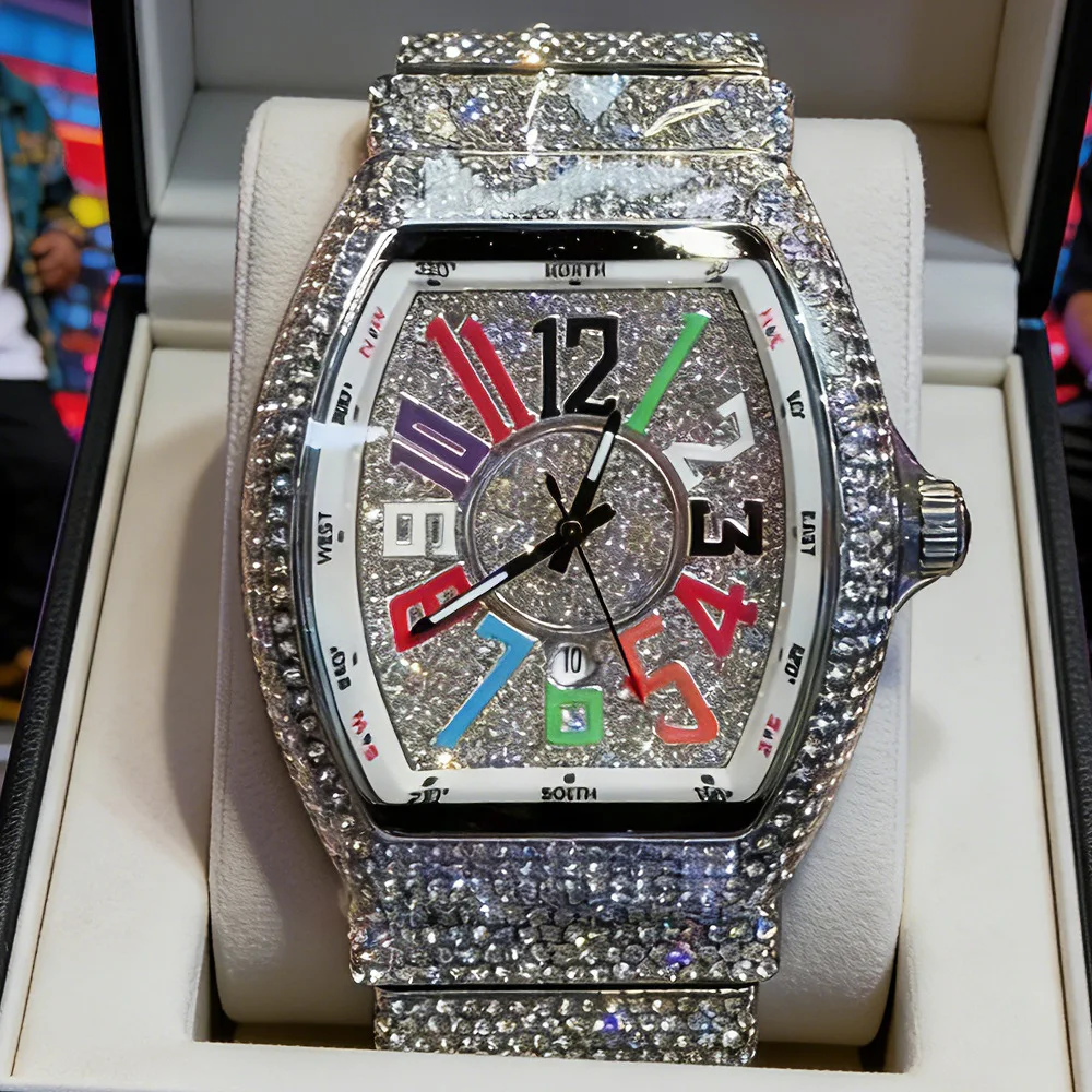 Tonneau Top Brand Luxury Diamond Watch Men High Quality Color Steel Quartz Wristwatch Hip Hop Ice Out Waterproof AAA Watches