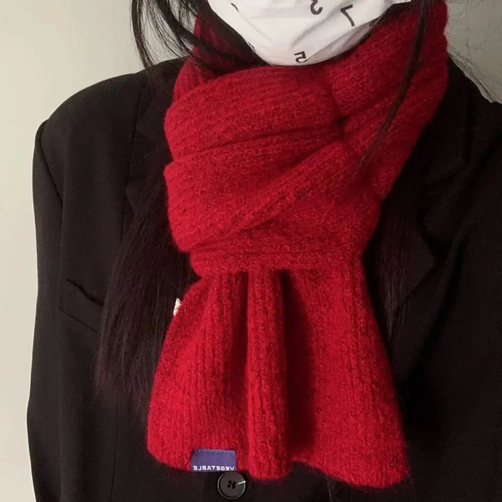 Solid Color Knit Scarf for Women Thicken Outdoor Warm Windproof Short Neckerchief Winter Student Cross Woolen Scarf