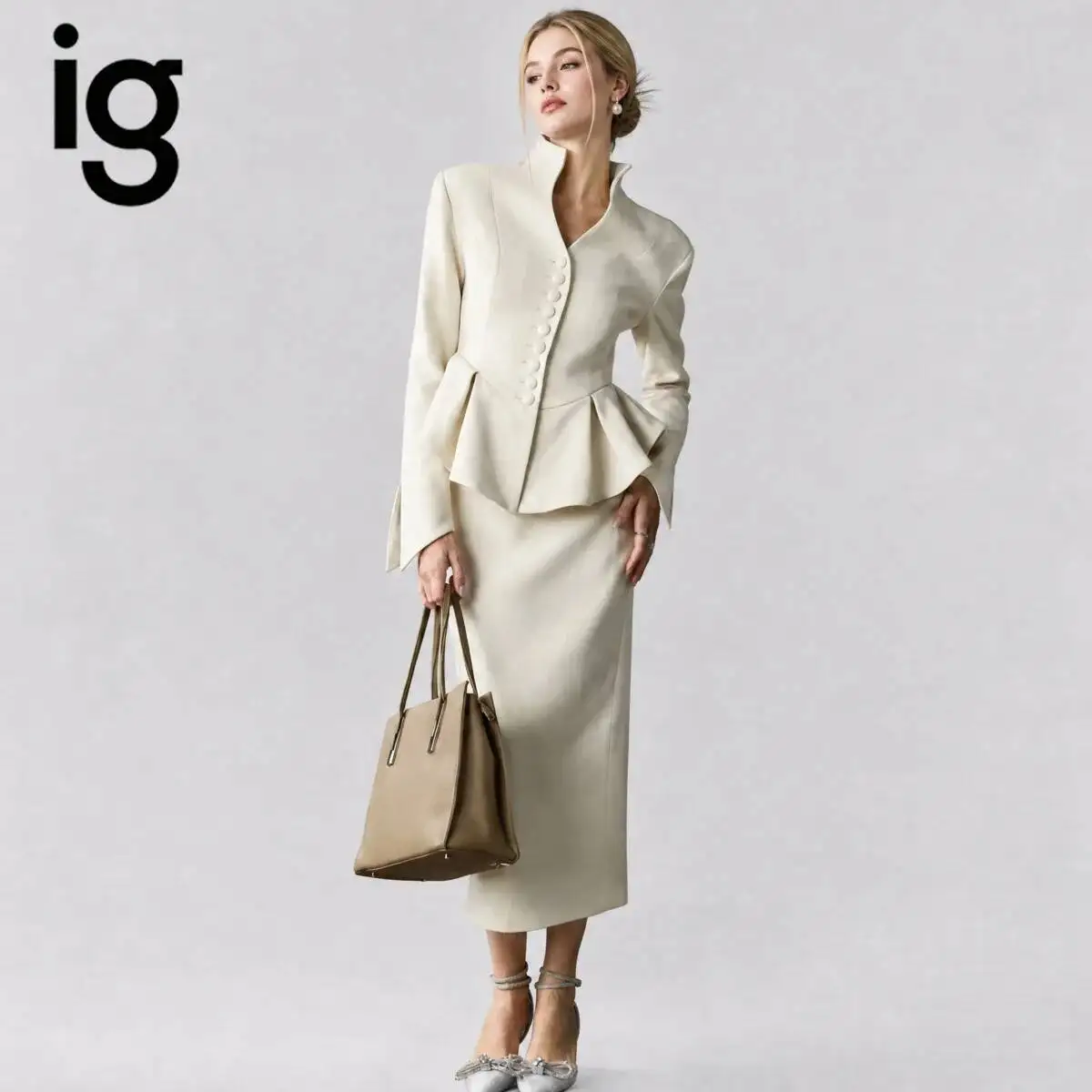 IG26 Women's Stand Collar Peplum Blazer & Midi Pencil Skirt Two Piece Suit Set, Single Breasted Button Front Long Sleeve Elegant