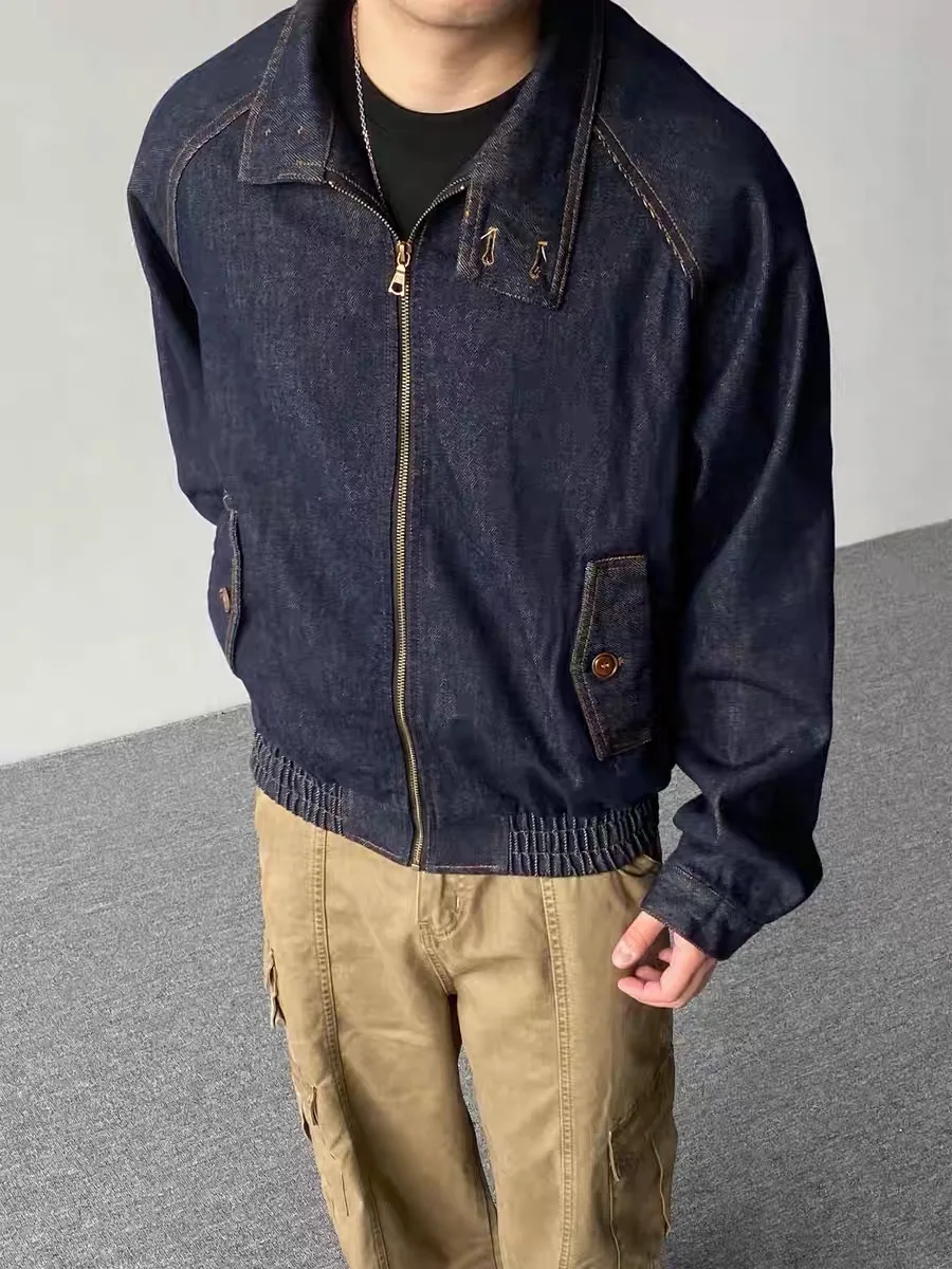 

Американское ретро простое оригинальное цветное джинсовое пальто Jaet ex, осеннее свободное повседневное универсальное длинное пальто с воротником-стойкой на молнии