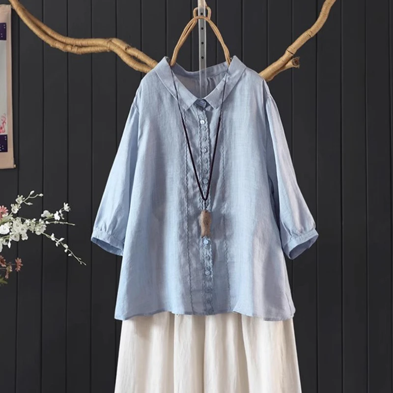 

High Quality Linen Casual Shirt Women New Arrival 2025 Summer Vintage Style Solid Color Female Half Sleeve Tops Shirts M1770