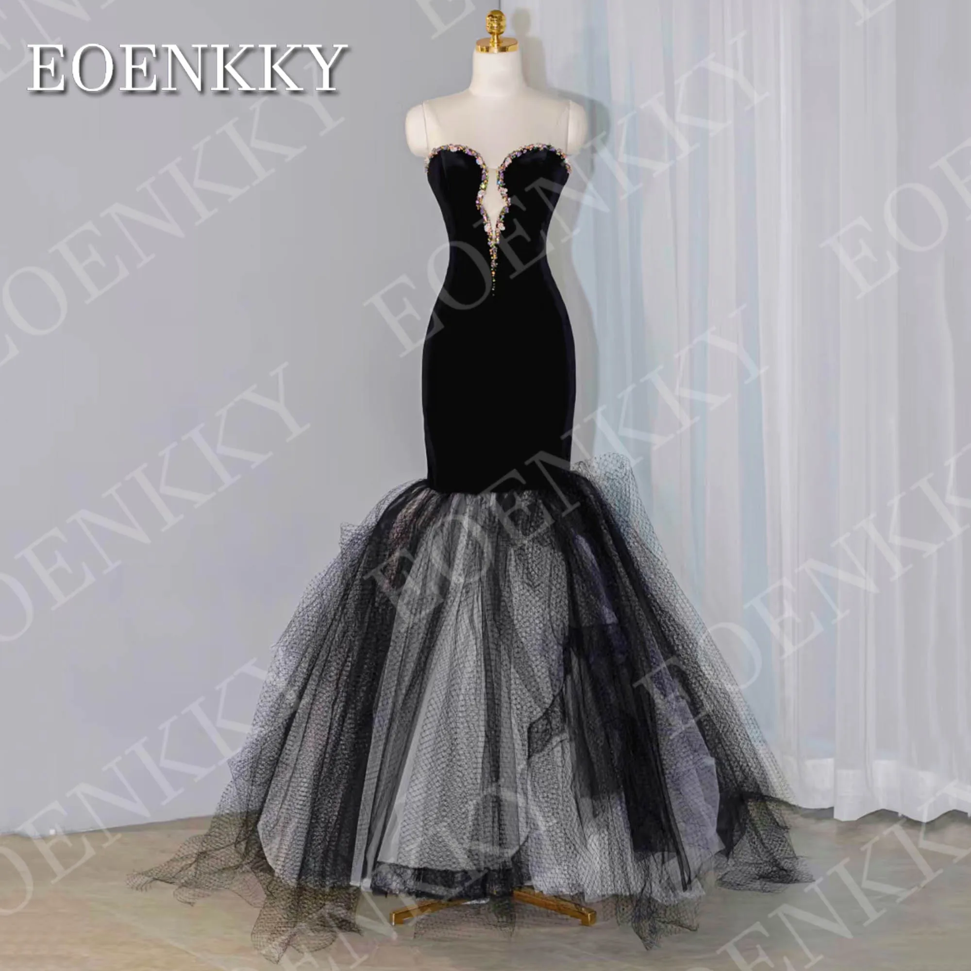 

EOENKKY Luxury Black Evening Dress Strapless Colorful Crystal Sweetheart Mermaid Velvet Party Dresses Customized فساتين سهرة
