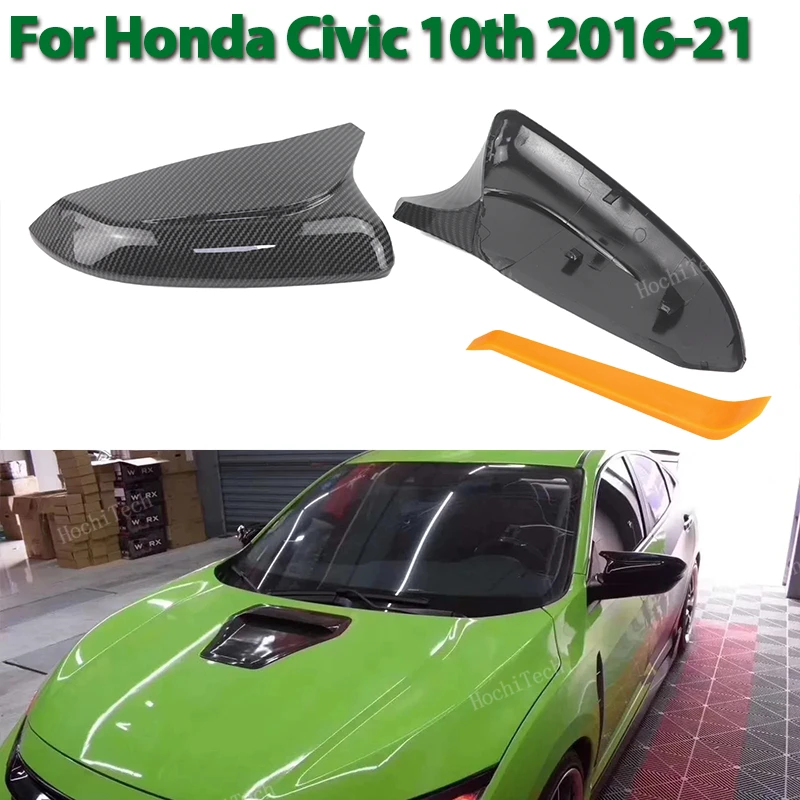 

2x Horn Shape Glossy Black Carbon Pattern Rearview Exterior Side Mirror Caps for Honda Civic 10th 2016 2017 2018 2019 2020