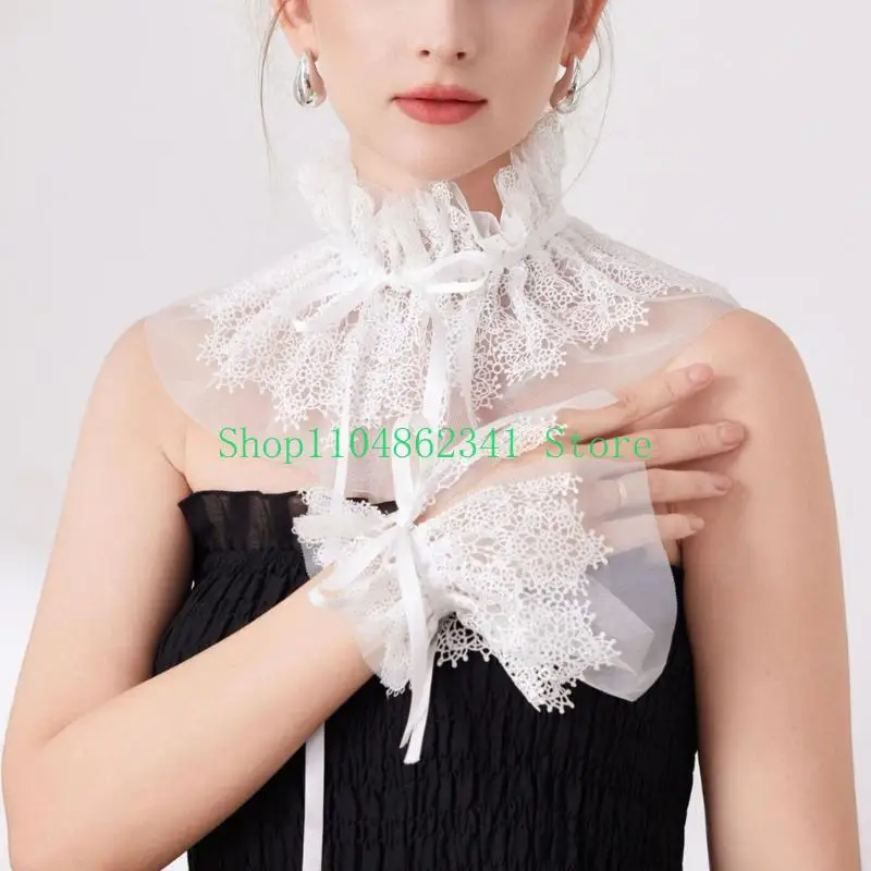 

652F Ruffle Neck Collar and Costume Cuffs Set for Dress, Shirt, and Event Looks
