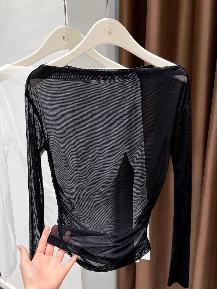 Ultra-fino renda me base irt feminino interior wear camiseta dança transparente gaze topo coreano sle fino ajuste longo sve