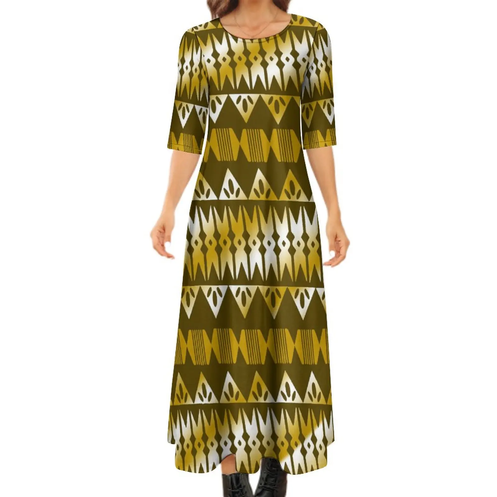 Women'S Mid-Sleeve Dress Plus Size 8xl Half-Sleeve Dress Hawaiian Style Polynesian Women'S Personality Long Dress