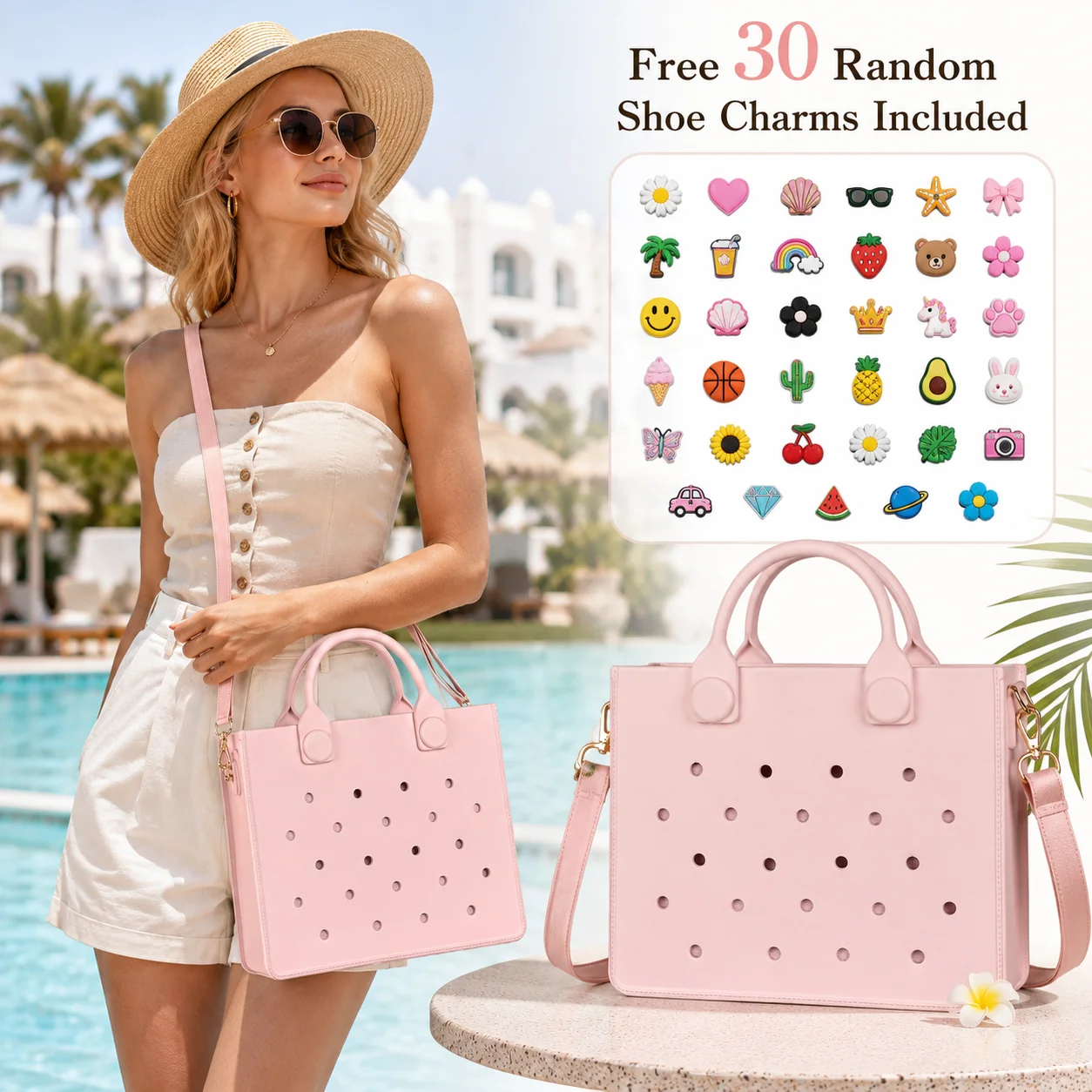 

Cute Pink EVA Hole Tote Bag, DIY Shoe Charms Handbag, Waterproof Summer Style Shoulder Bag, Casual Beach Bag for Women Gift