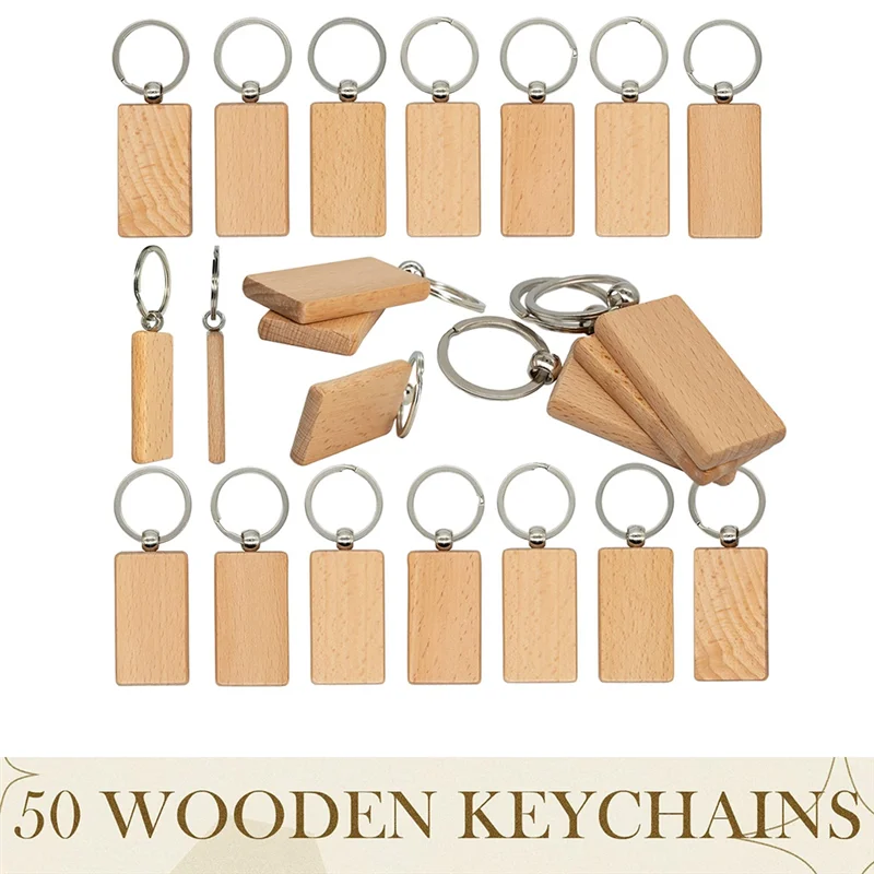 100 Pcs Wooden Blanks Wood Key Chain Blanks Unfinished Wooden Key Ring Key Tag for DIY Crafts(Round+Rectangle)