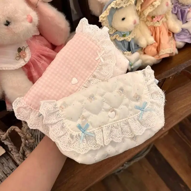 Portable Polka Dot Lace Makeup Bag Sweet Bow Flip Top Water-resistant Storage Pouch Pencil Case for School Students Gift