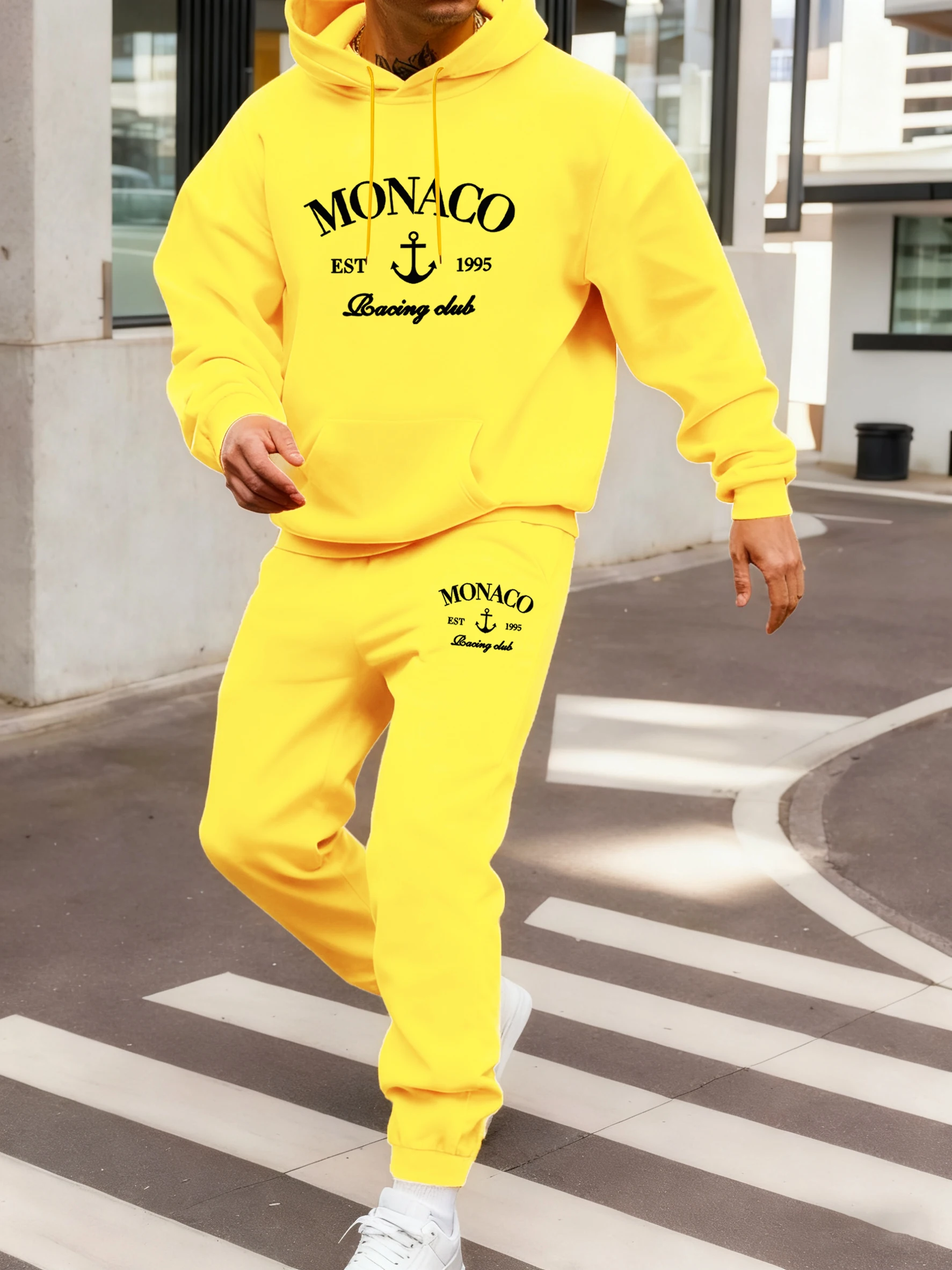 

Monaco Est 1995 Print Jogging Long Pants Mens Fleece Pocket Hoodie Set Casual Warm Sweatpants Soft Street Sweatshirts Men'S Sets