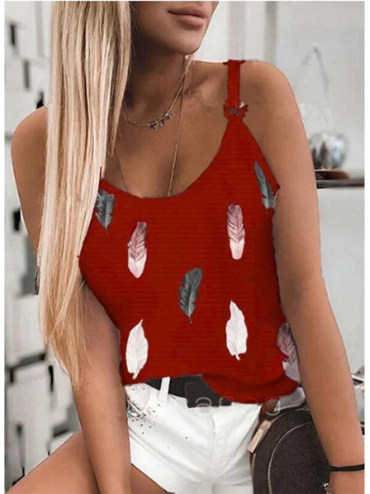 Women Round Neck Sleeveless Vest Summer Women's Camisole Solid Color Feather Print Fashion T-shirt Loose Casual Top