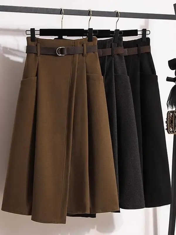 plus Size Women's Autumn New Woolen Skirt High Waist  A-Line Long Dress Slimming Belly Covering Stylish Casual Pure Color