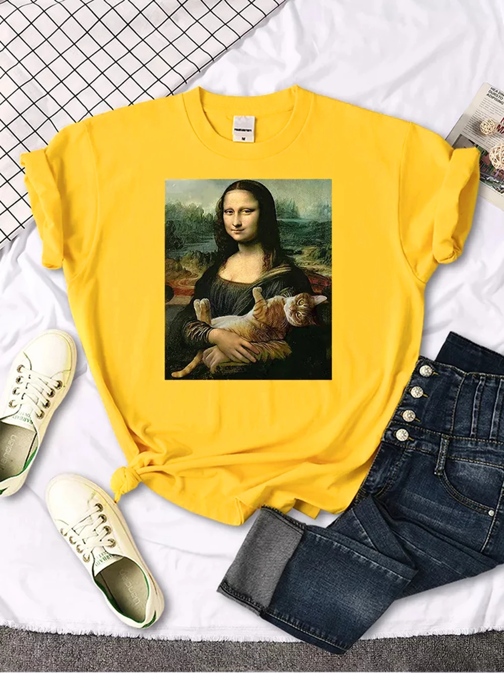 Famous Painting Mona Lisa Hold Cat Funny Print Women\'s Tshirt Casual Soft Tops Fashion T Shirt Summer Vintage Women\'s t-Shirts