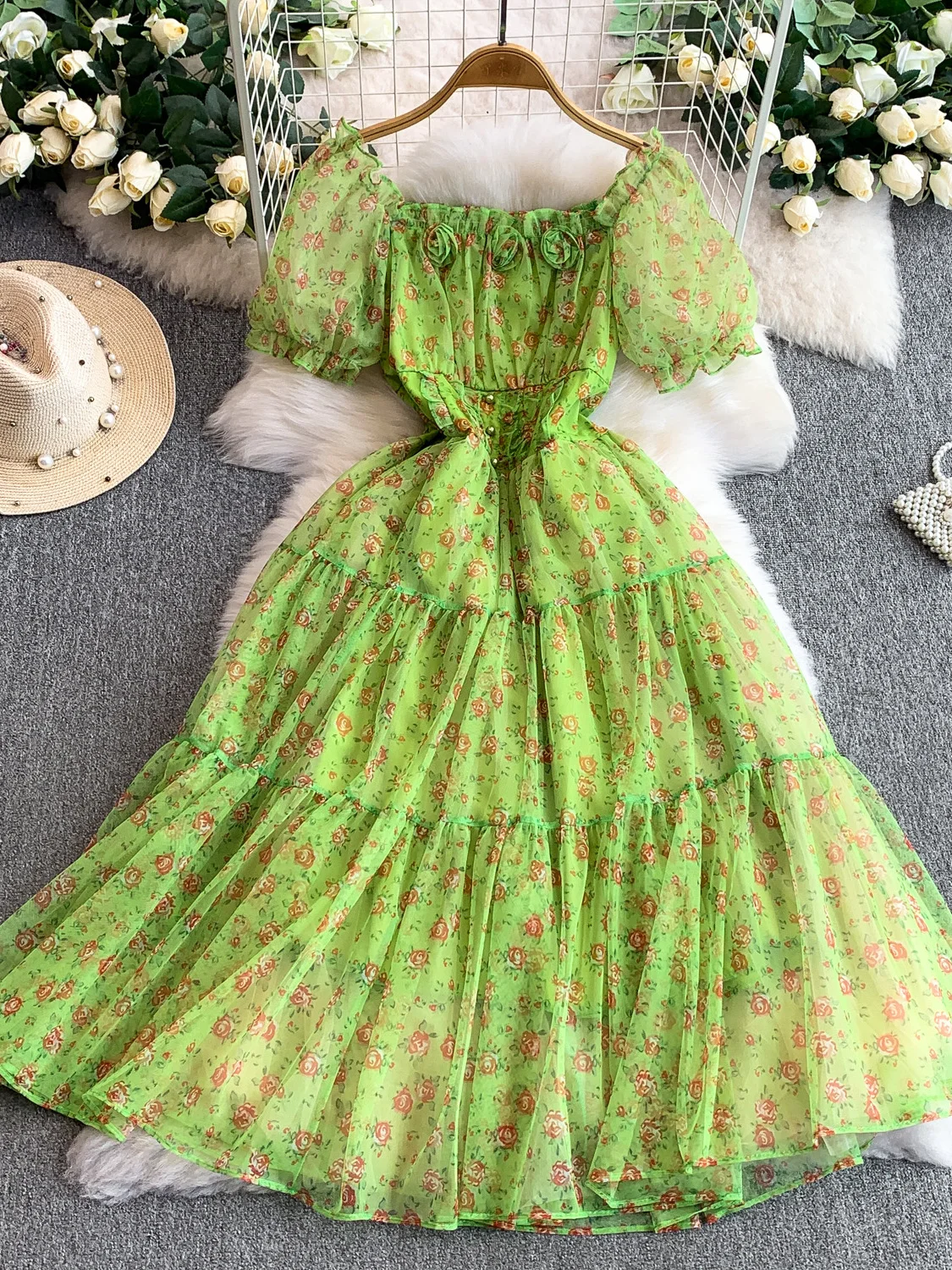 Princ Sle Sweet Floral Print Square Ne Bubble Sve Dr Women's Autumn Winter Slimming A-Line Long Dr with Hem