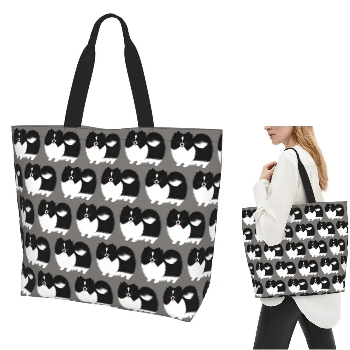 Parti Pomeranian Fluffy Dog Shopping Tote Bag Canvas Large Capacity Shoulder Bags Shopper Grocery Handbag for Women