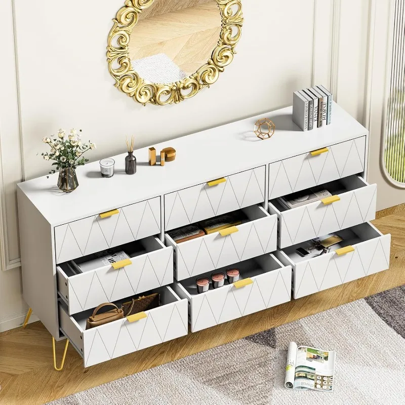 خزانة ذات 9 أدراج لغرفة النوم مع أدراج عميقة وخزائن خشبية وخزانة ذات أدراج بمقابض ذهبية وفستان طويل حديث #6