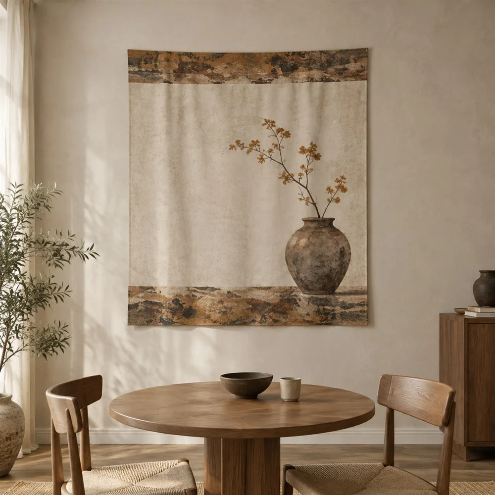 VIKAMA Clay Vase Still Life Twin Bands Tapestry Wall Hanging, Wabi Sabi Wall Art Tapestries for Living Room Bedroom Office Study