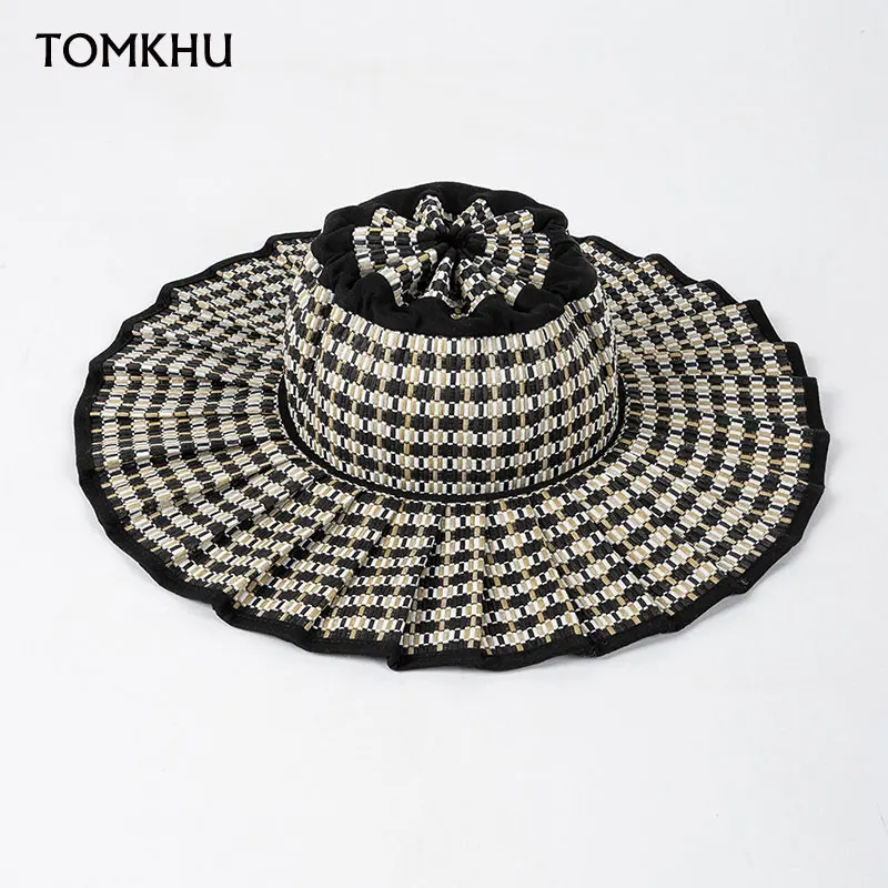 Spring Summer Fashion Casual Plaid Wide Brim Sun Hat Women Men Fashion Outdoor Sunshade Hat Foldable Straw Hat Designer Style