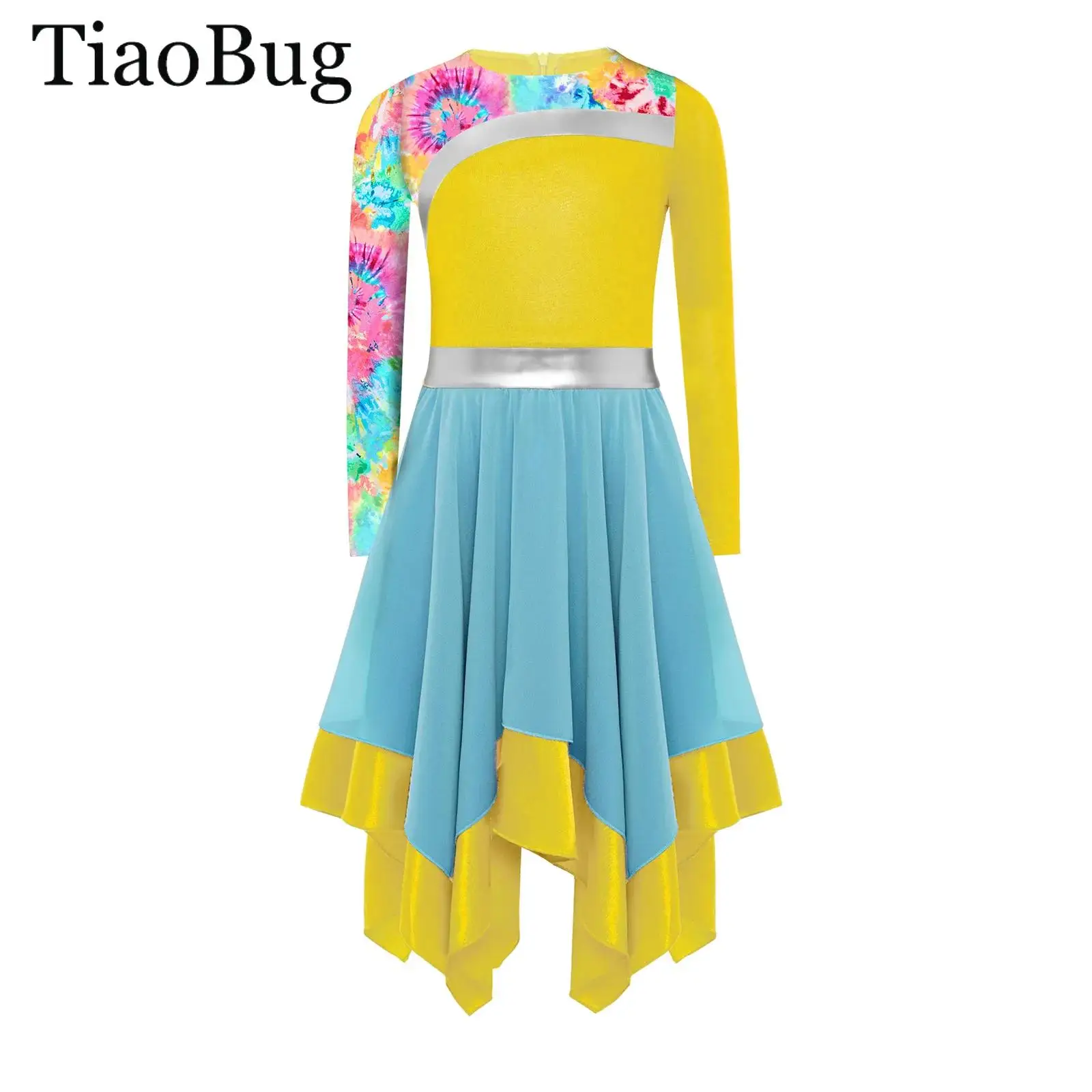 

Girls Lyrical Contemporary Dance Costume Long Sleeve Metallic Printed Liturgical Worship Praise Dance Dress Ballet Performance