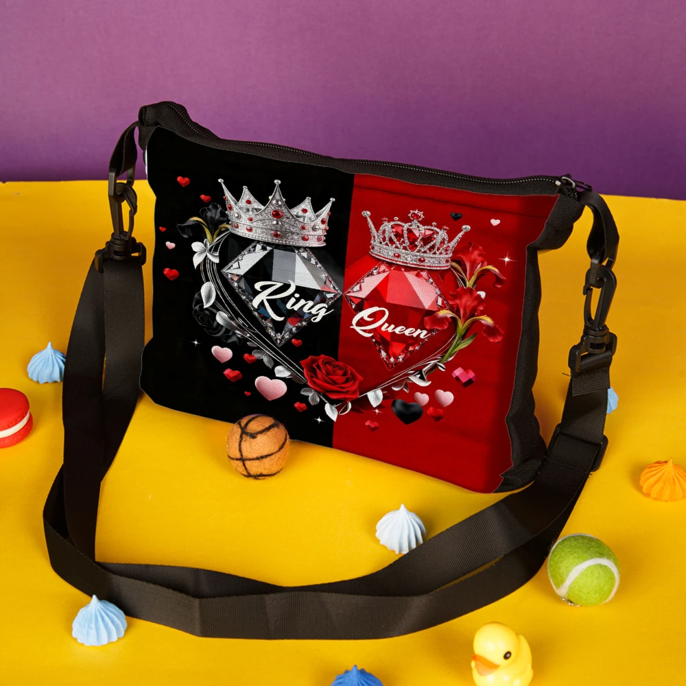 1pc King And Queen Crown Heart Print Crossbody Bag Red And Black Shoulder Bags For Women Romantic Couple Gift Fashion Handbag