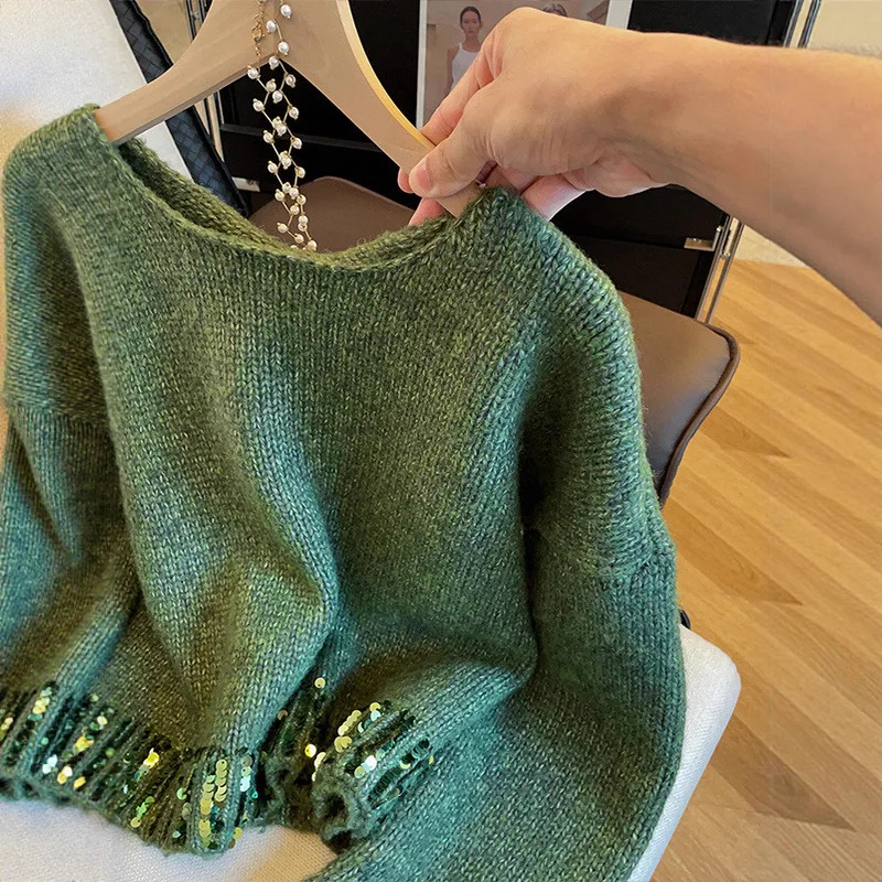 Sequin Knit Sweater V Neck Long Sleeve Loose Fit Shiny Glitter Holiday Party Clubwear Fall Winter Fashion Outerwear Pullover Top