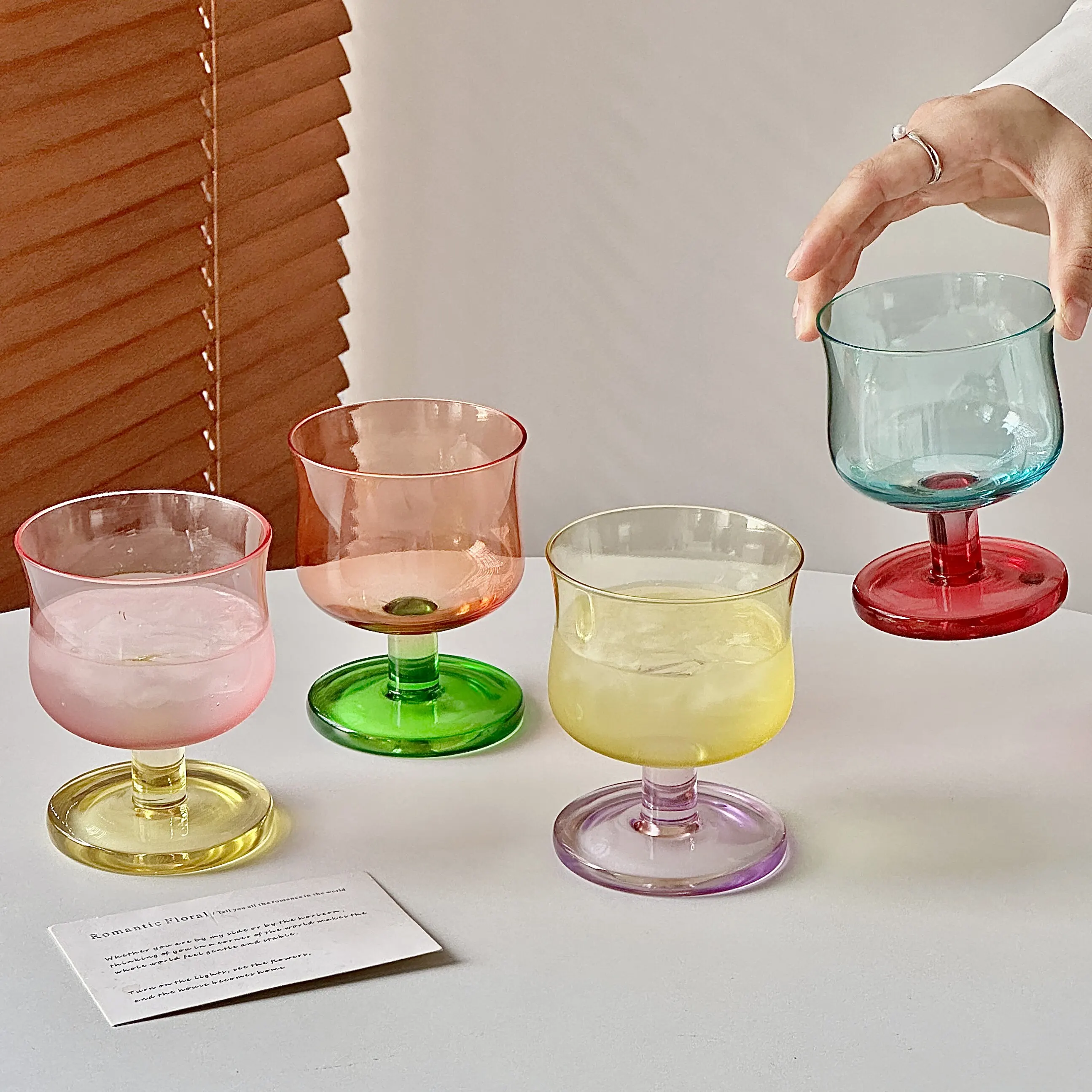 Ins Style Contrast Color Short Stem Cocktail Glass, Vintage Goblet Glassware, Aesthetic Whiskey Wine Cup, Summer Cold Drink Juic