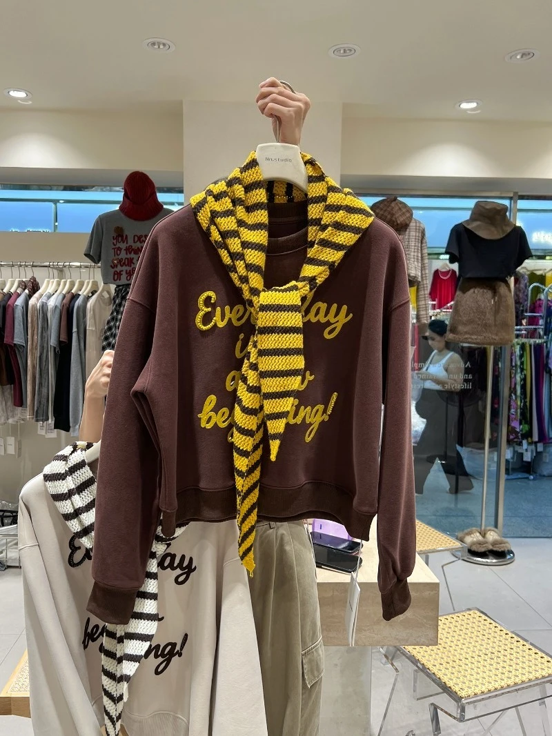 2025 Autumn Winter Women's Crew Neck Sweatshirt With Shawl European Style Letter Embroidery Unique Beautiful Youthful Short Coat