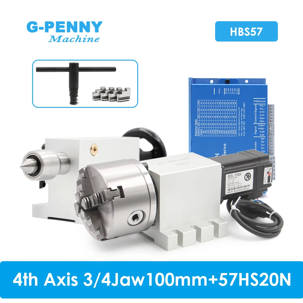 4th Axis 3/4Jaw 100mm CNC Dividing Head/Rotation Axis/A axis 57HS20N 2.2N.m & HBS57 Closed Loop & Tailstock Changeable Head