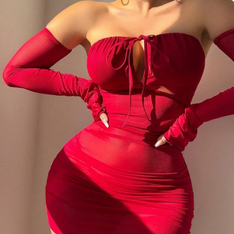 بيكيني متوهج الأكمام خارج الكتف التعادل Ruched Bodycon اللباس الملابس الداخلية