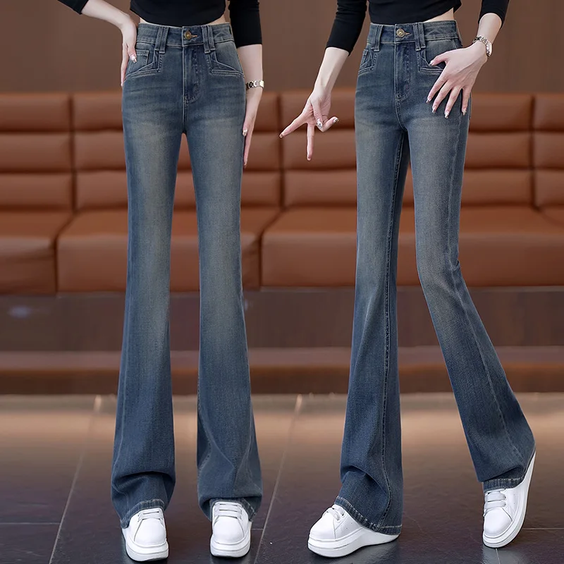 Теплые джинсовые расклешенные брюки на флисовой подкладке, утягивающие брюки-клеш