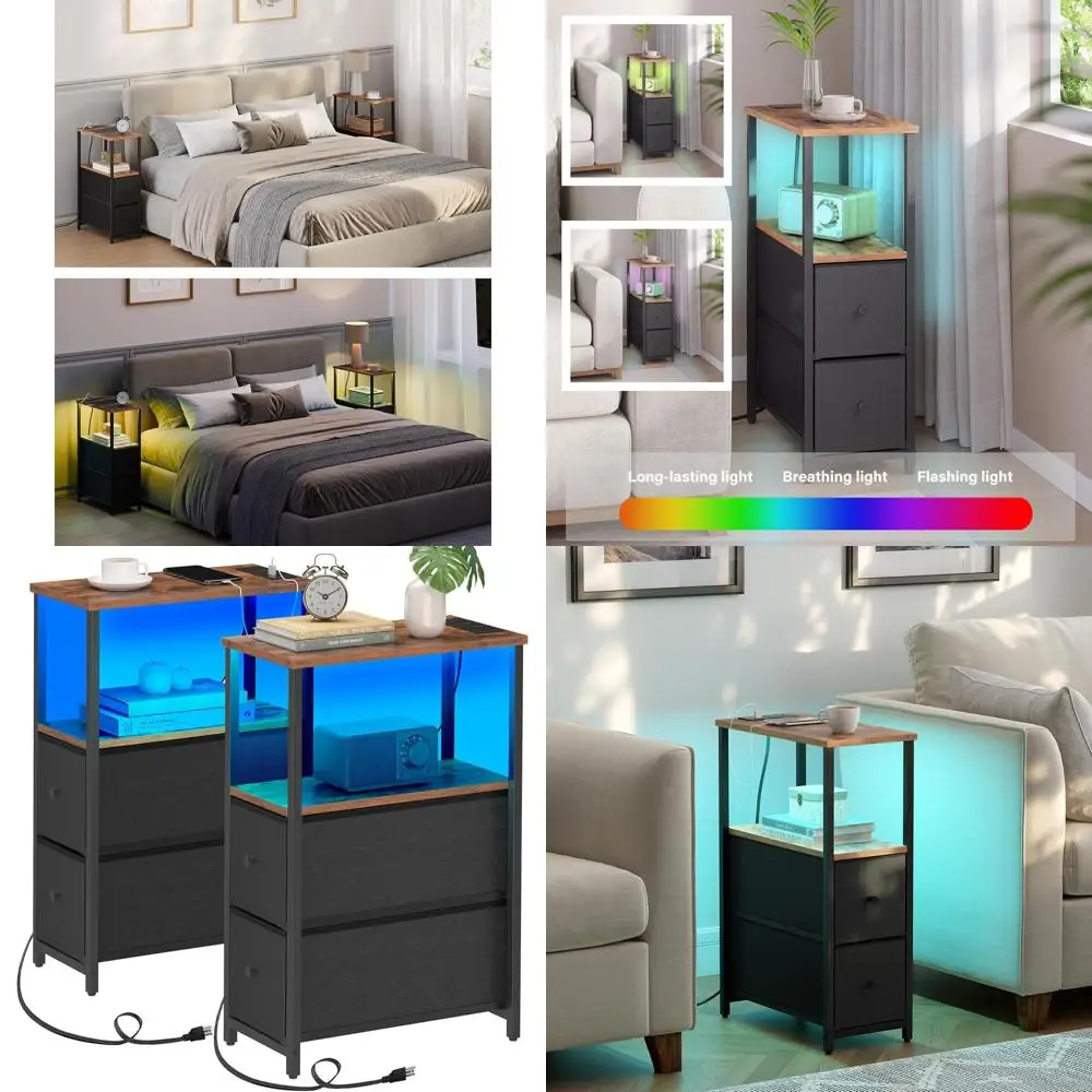 

Светодиодный торцевой столик с двойным ящиком и зарядным портом, набор из 2 штук, тумбочка, гостиная/спальня, коричневый и черный TB01BB056K