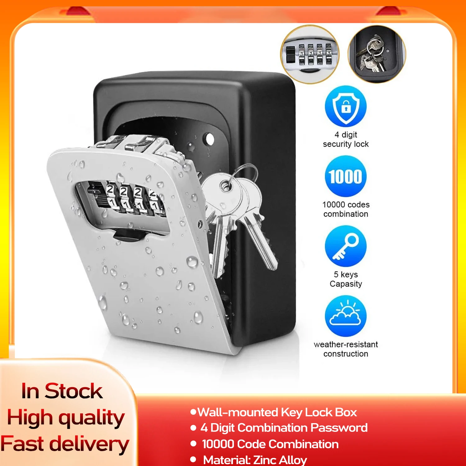 Metal Alloy Wall Mount Key Storage Secret Box Organizer 4 Digit Combination Password Security Code Lock No Key Home Key Safe Box