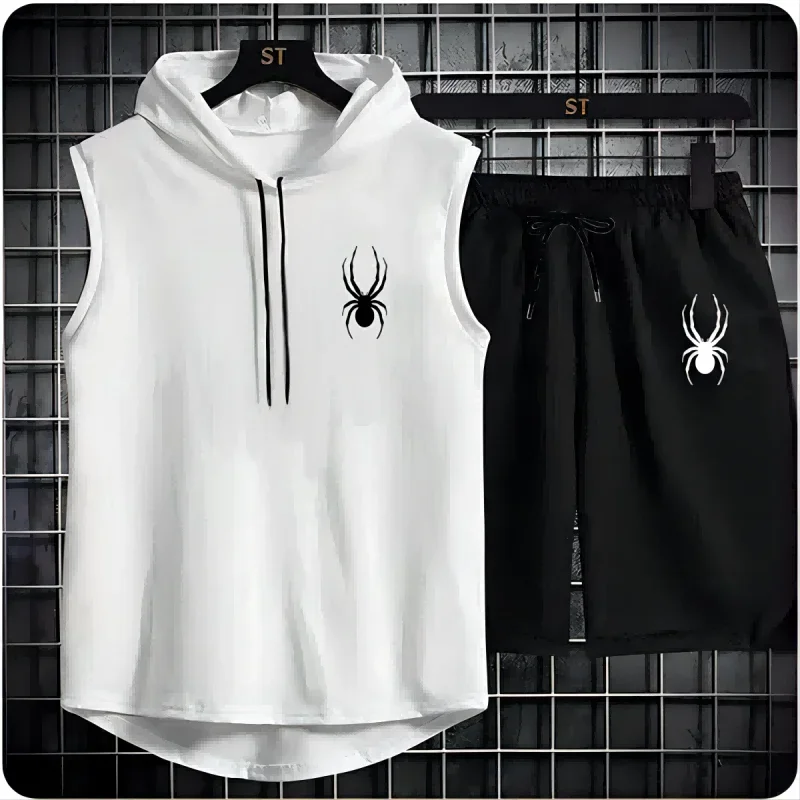 Summer Men Women Gym Fashion T-Shirts Shorts Sport Jogging Outfit Men Sleeveless Hooded T-Shirt+Shorts Pants Sports Two-Piece