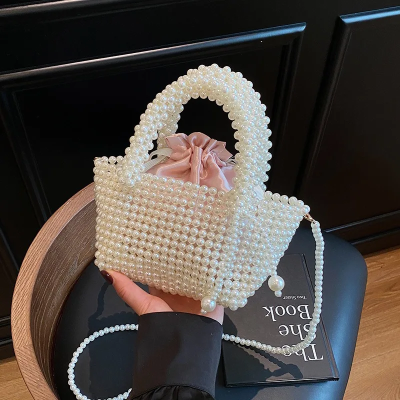 

Fashion Pearl Tote Crossbody Bags for Women Large Handbag Ladies String Woven Beach Shoulder Bag