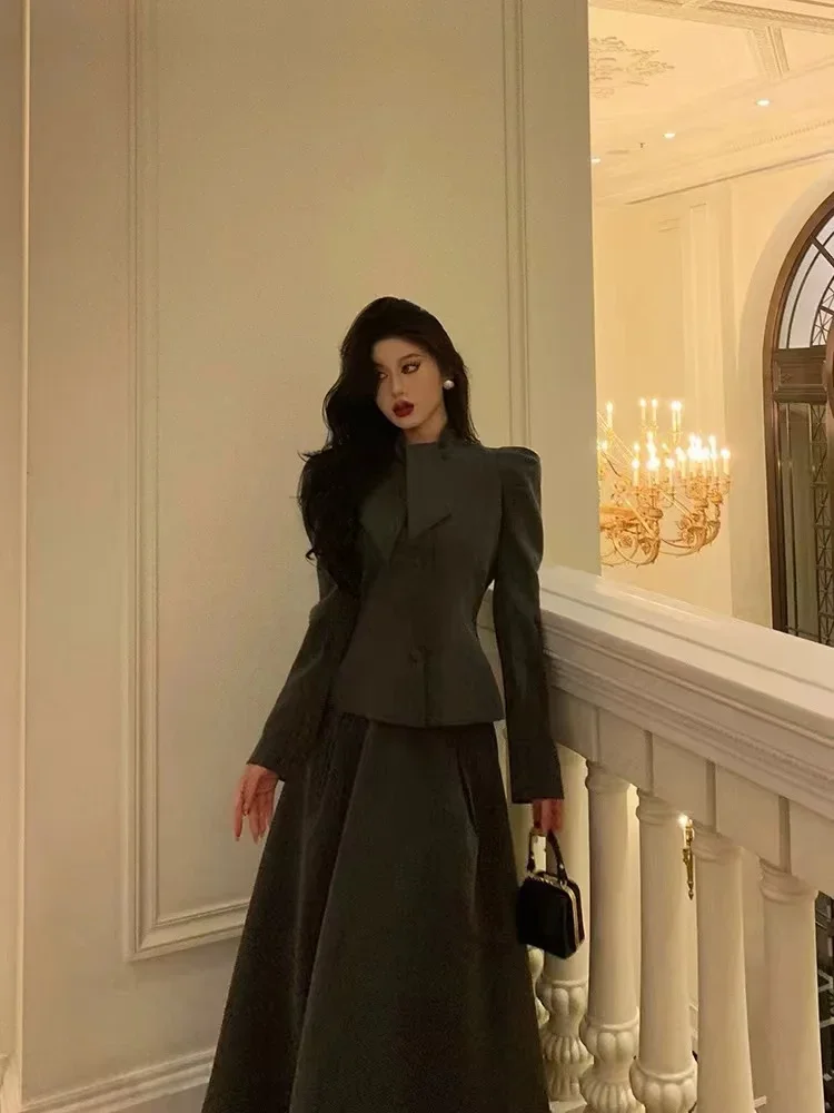 Insozkdg French Socialite High-end Skirt Suits Women Autumn Smoke Gray Jacket High-waist Skirt Two-piece Set High Quality Sweet