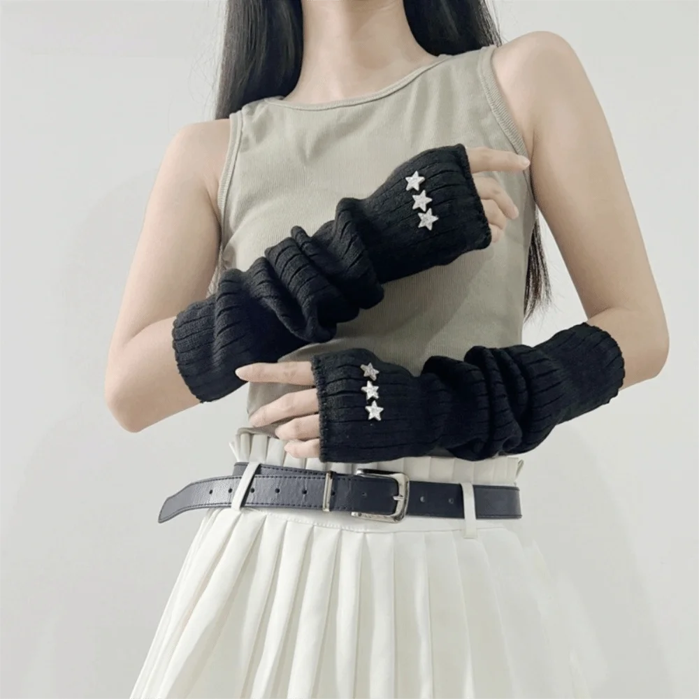 Fashion Long Arm Warmer Gloves Knitted with Pentagram Patch Warm Arm Sleeve Cold Proof Fingerless Gloves Autumn Winter