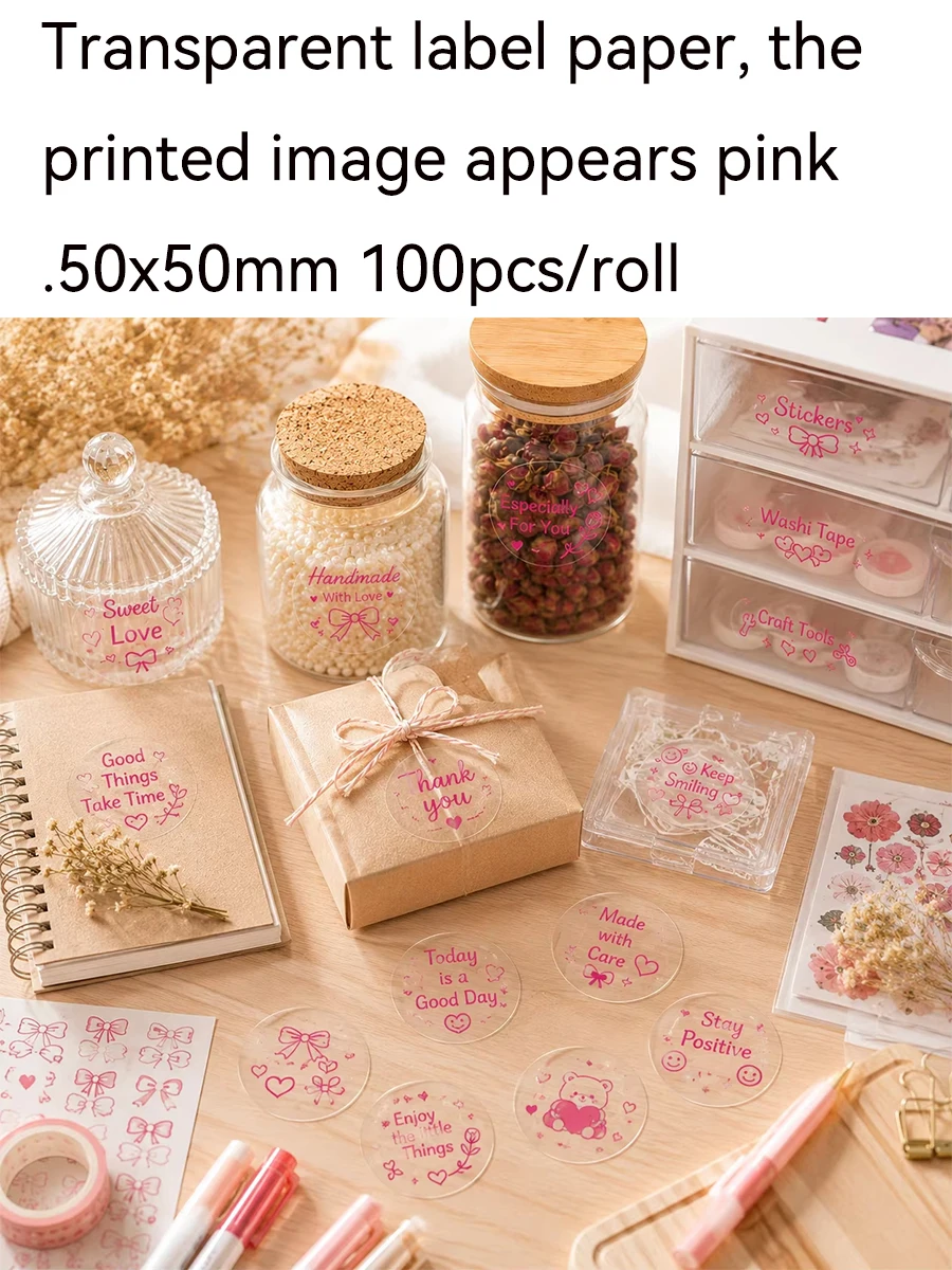 Clear Transparent 50x50mm Round Thermal Labels - 100pcs/Roll, Prints Pink, Waterproof Scratch Proof Stickers for DIY Journaling