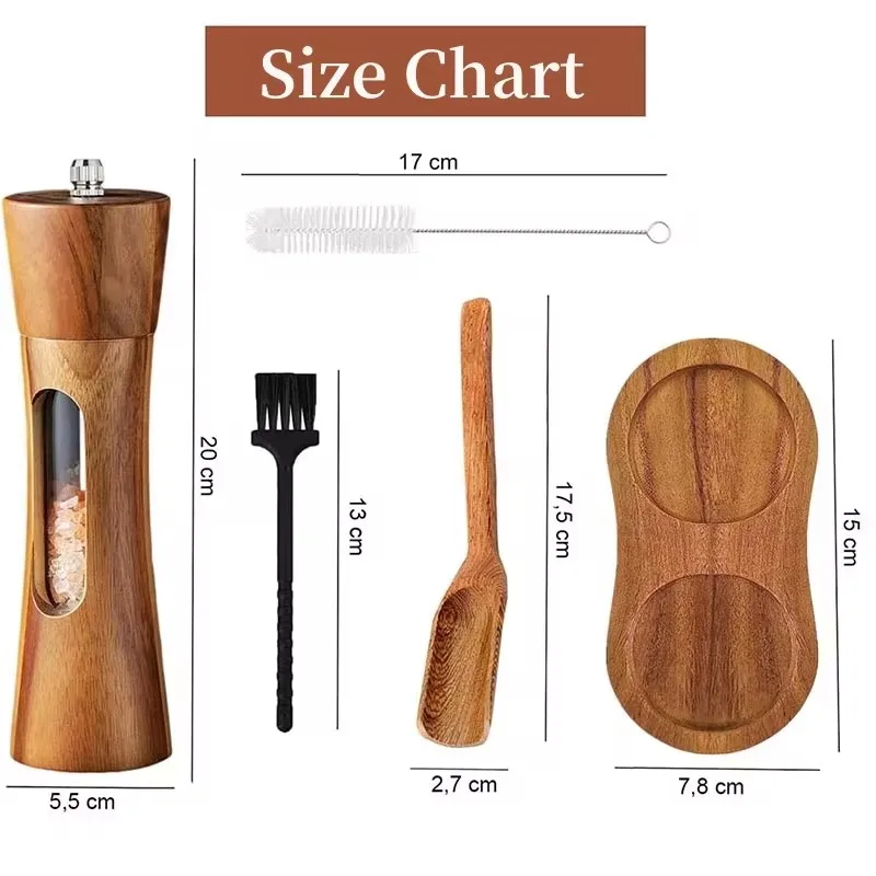 8-Inch Wooden Salt and Pepper Mills with Ceramic Grinding Mechanism, Clear Viewing Window, and Stable Base