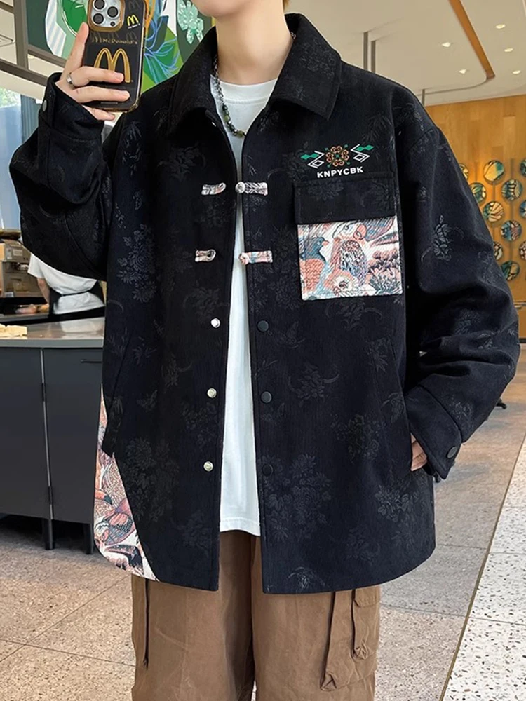 

New Chinese Sle Men's Jaet Loose Fit Printed Collar Autumn Winter Outerwear Faionable Youth Polyester Fiber Long Sve
